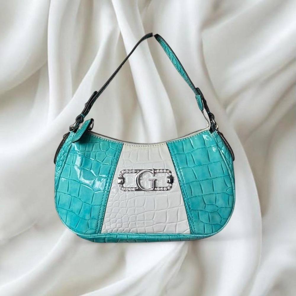 Guess rhinestone logo shoulder bag teal white faux crocodile leather y2k vintage